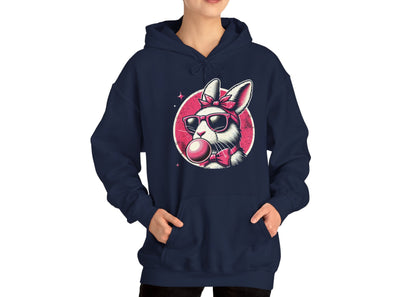 Woman modeling navy hoodie with playful bubblegum bunny Easter design. Part of the Vivid Divergence Sensory Friendly Unisex Hoodies Range.