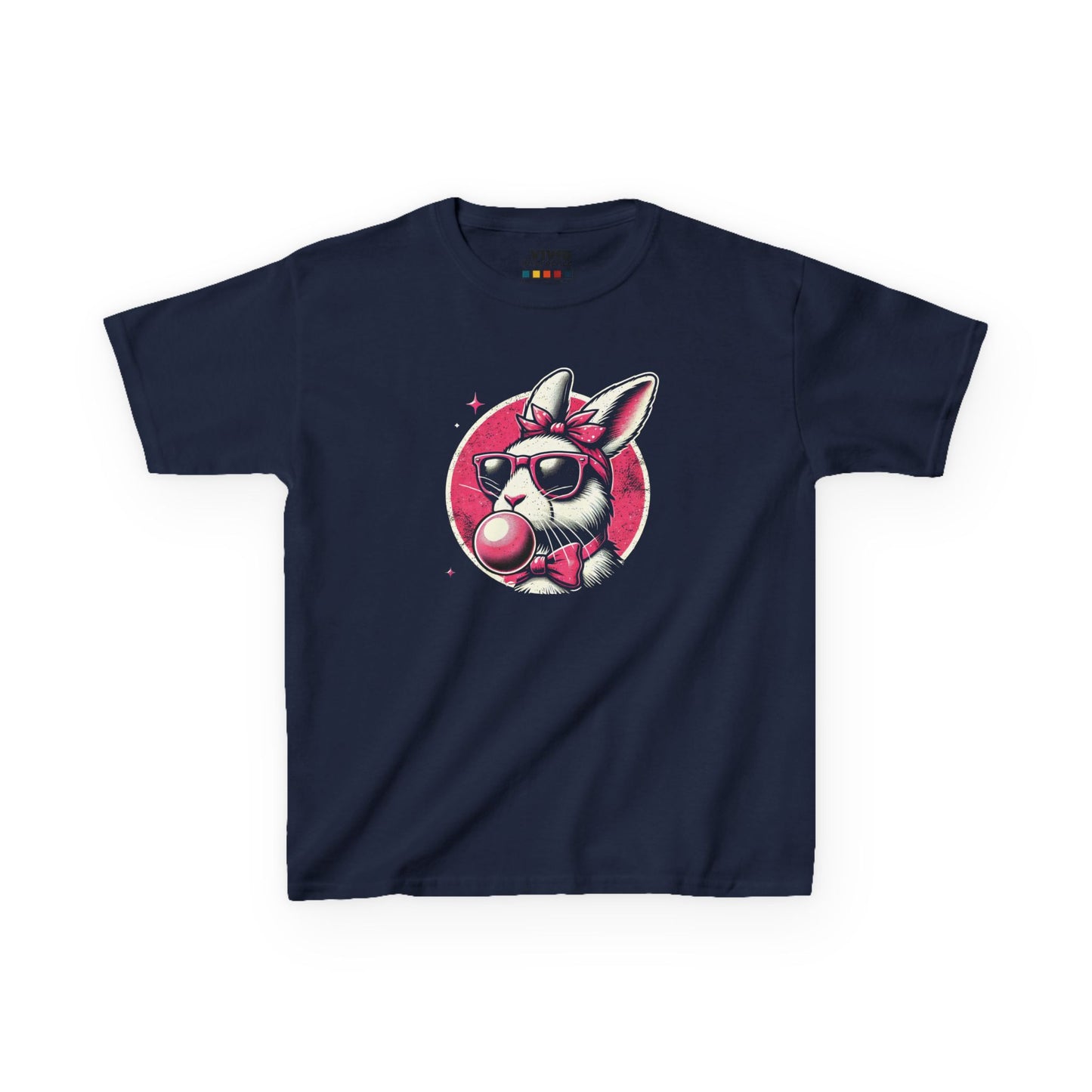 Navy blue kids' T-shirt showcasing a vintage-inspired bubblegum-blowing bunny, a trendy Easter outfit choice. Hop into the season in style and shop Easter shirts online today!