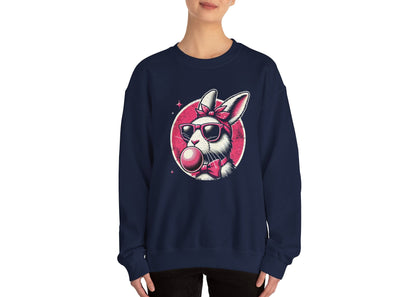 Woman modeling navy sweater jumper with bubblegum bunny Easter print. Part of the Vivid Divergence Sensory Friendly Unisex Sweater Jumper Range.
