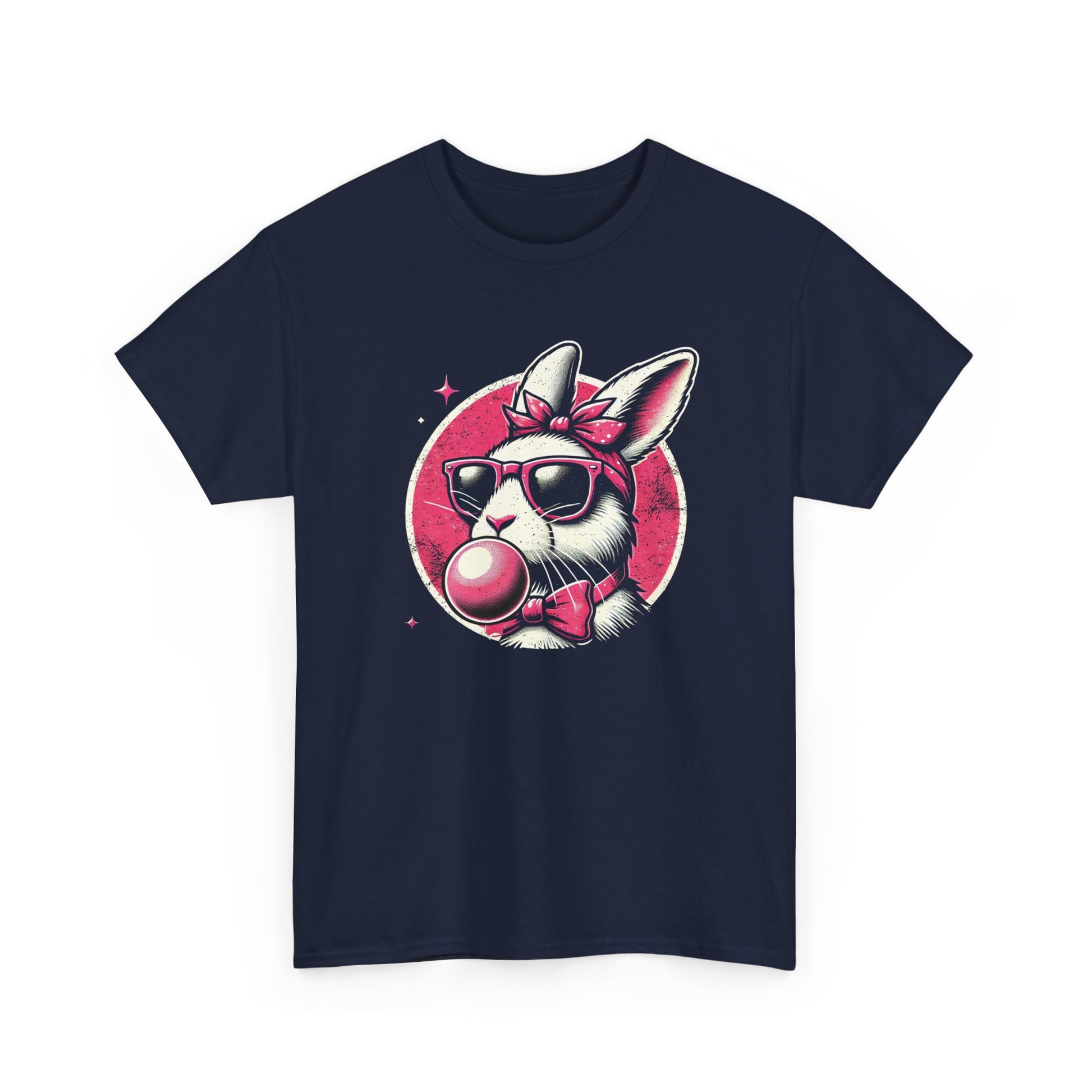 Navy blue Easter T-shirt showcasing a vintage-inspired bunny with bubblegum and shades, a stylish Easter outfit. Hop into the season in style and shop Easter shirts online today!