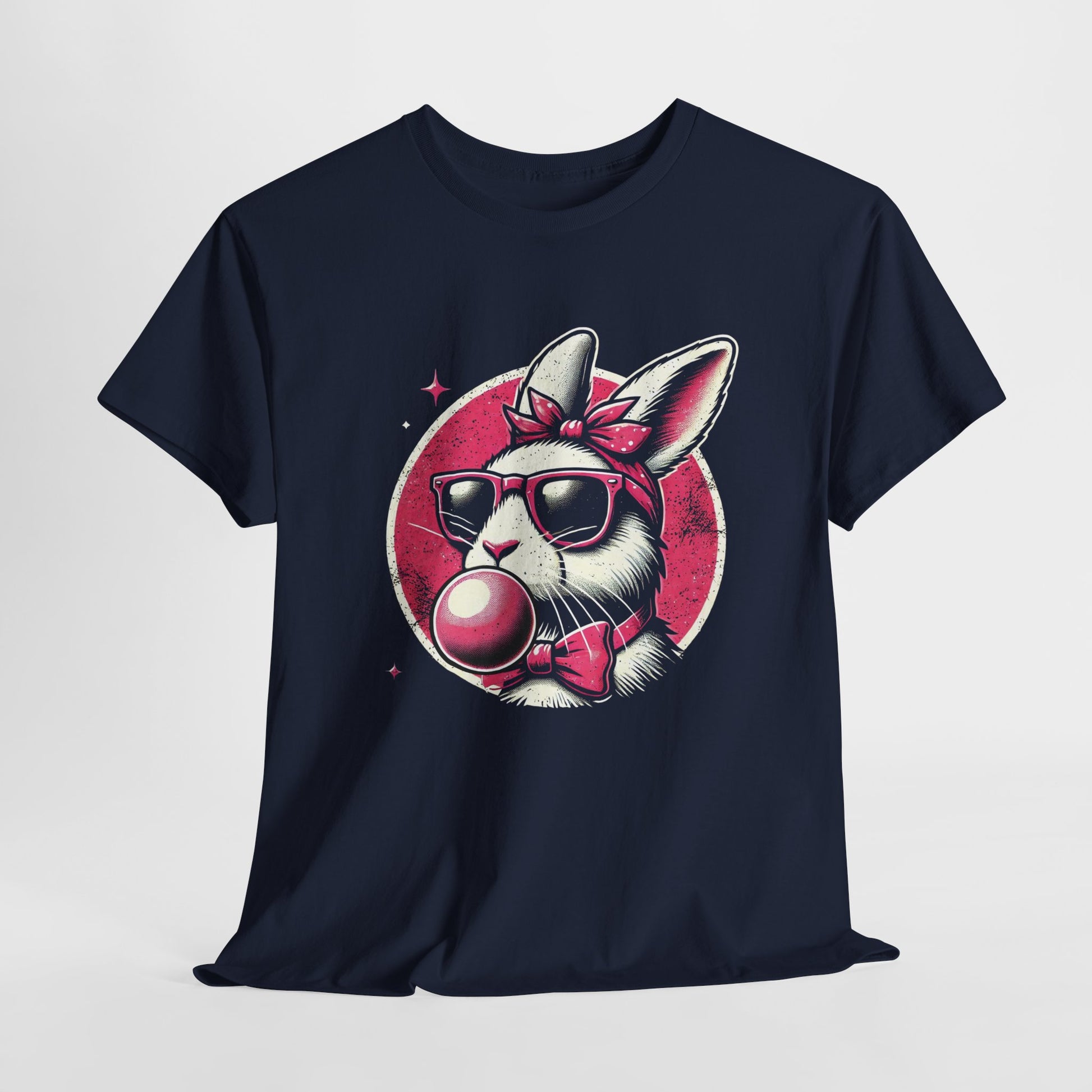 Navy blue T-shirt hanging, showcasing a cool bunny with shades and bubblegum, bringing vintage vibes to Easter fashion. Hop into the season in style and shop Easter shirts online today!