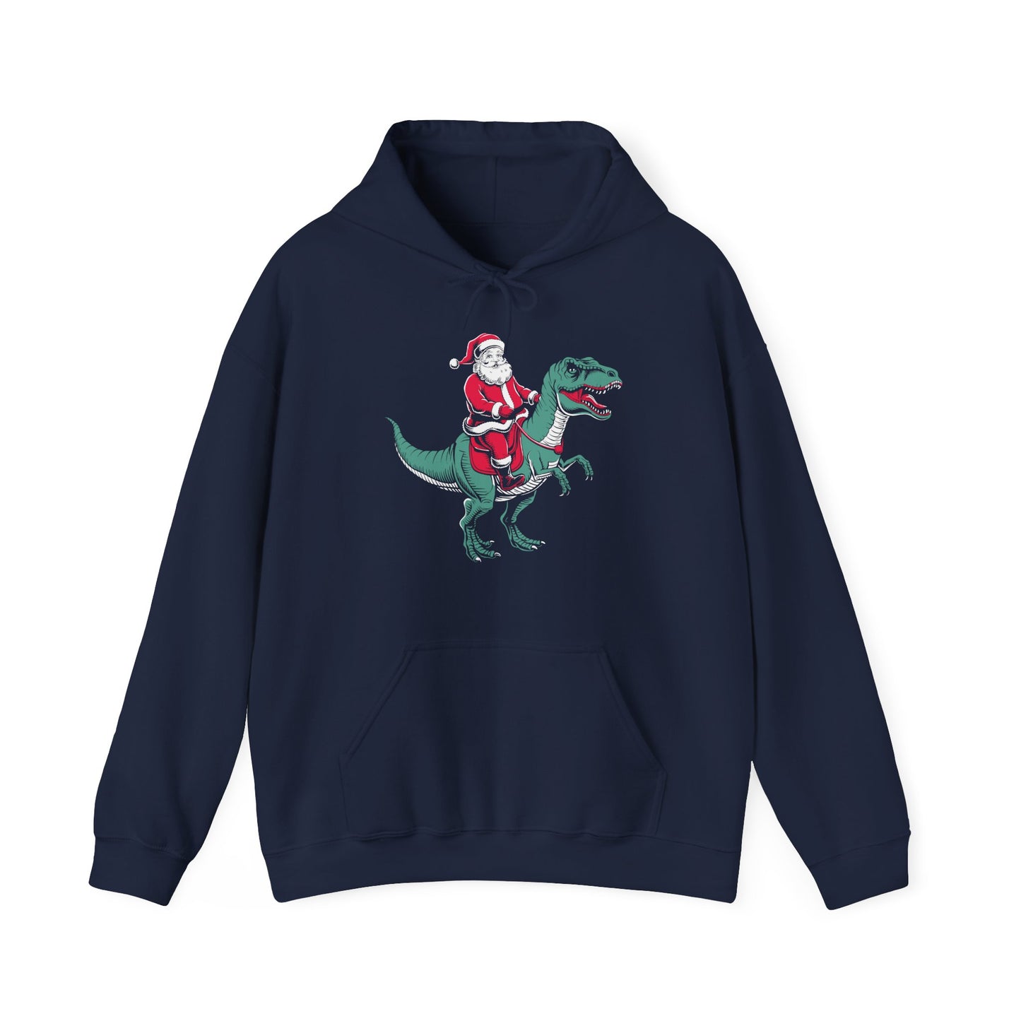 Front view of a navy blue hoodie featuring Santa riding a dinosaur in a playful Christmas design. Part of the Vivid Divergence Sensory Friendly Unisex Hoodie Range.