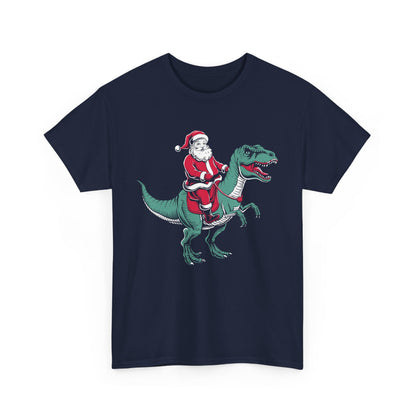 Front view of a navy blue T-shirt featuring Santa riding a dinosaur in a playful holiday design. Part of the Vivid Divergence Sensory Friendly Unisex Tees Range.