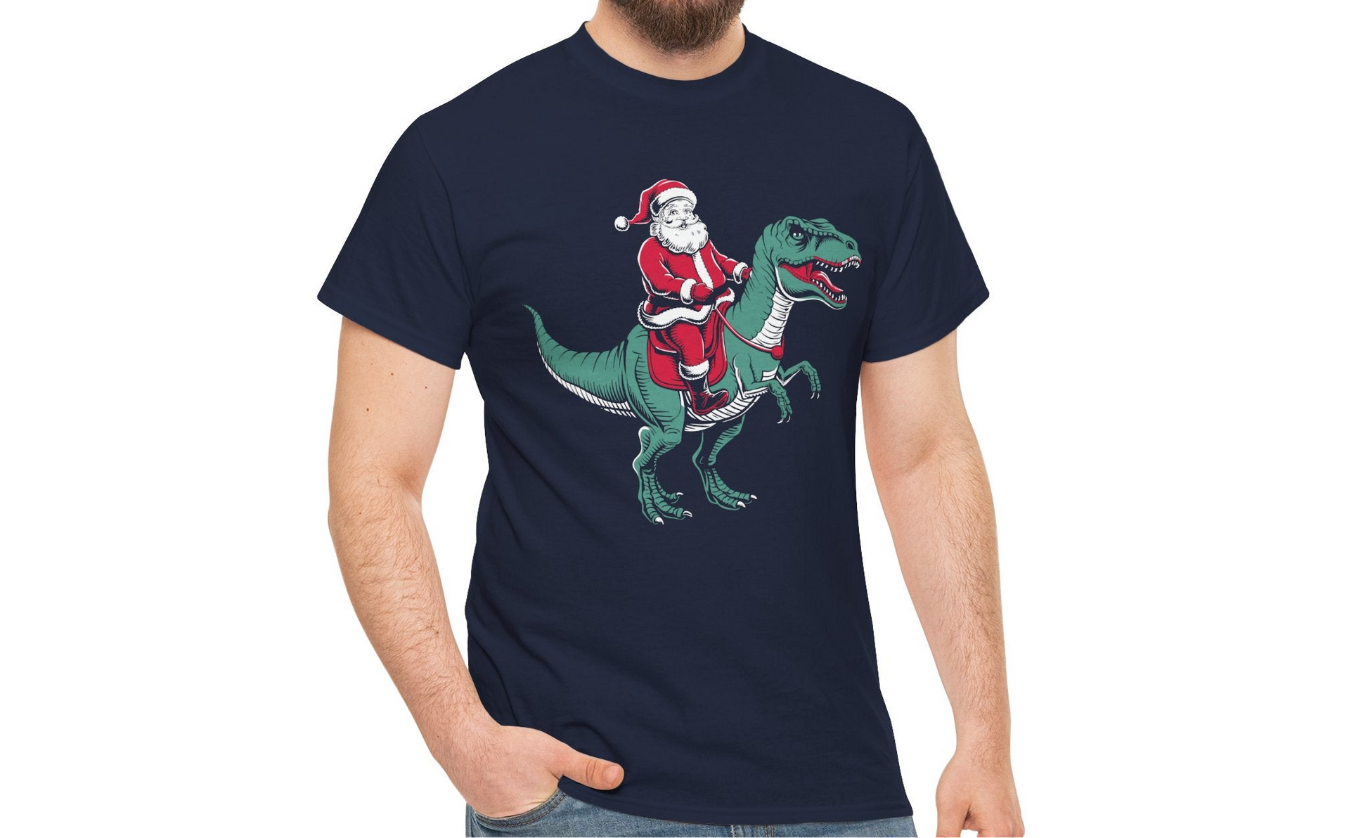 Model wearing a navy blue T-shirt featuring Santa joyriding on a dinosaur in a festive design. Part of the Vivid Divergence Sensory Friendly Unisex Tees Range.