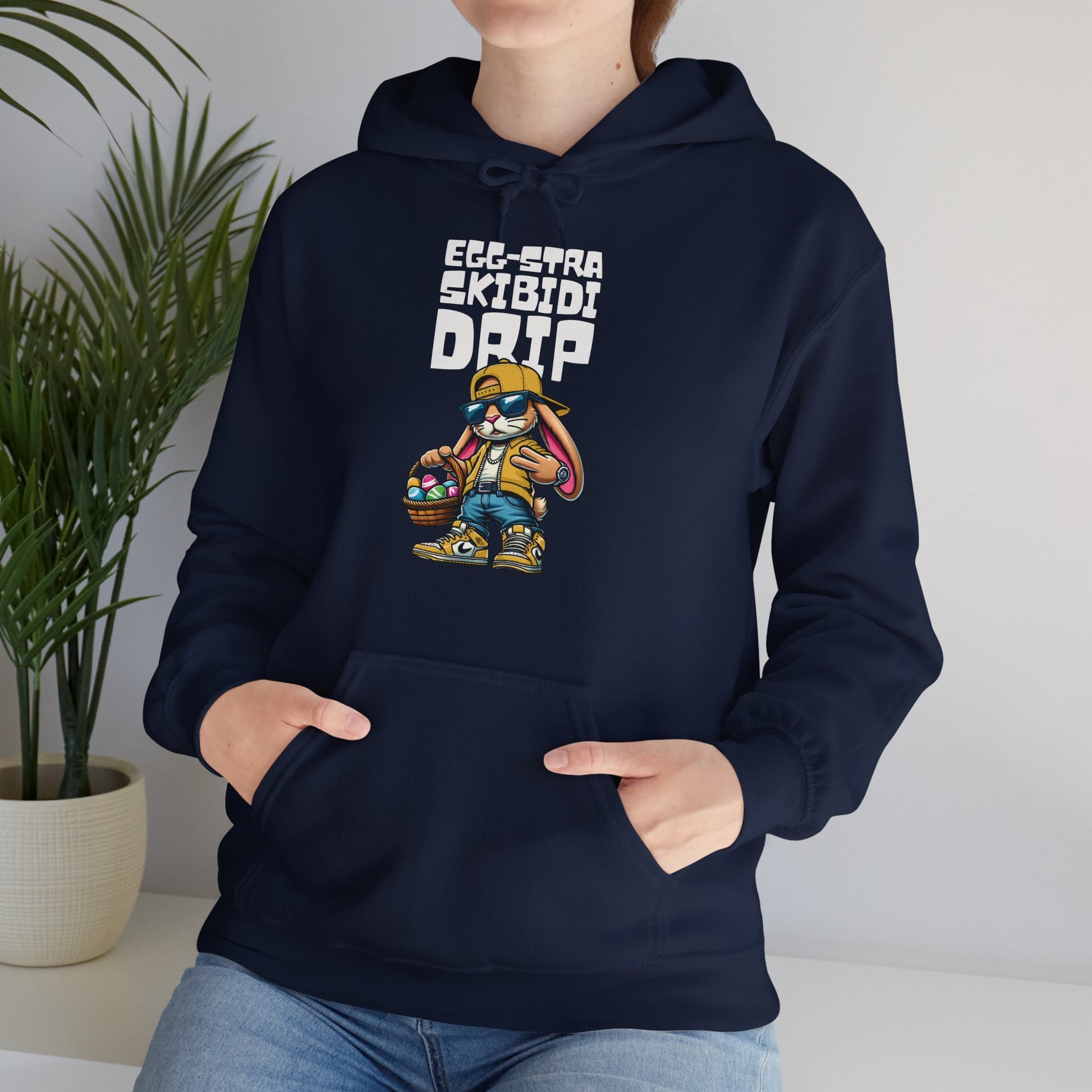 Man modeling navy hoodie with Skibidi Drip Easter bunny graphic. Part of the Vivid Divergence Sensory Friendly Unisex Hoodies Range.

