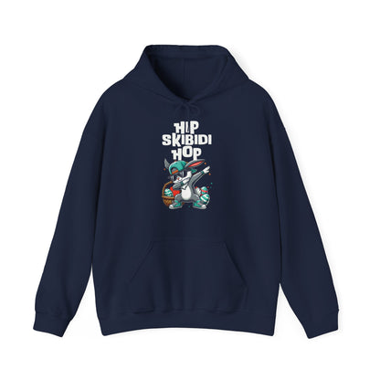 Front view of navy hoodie with Skibidi Easter dab bunny in hip hop style. Part of the Vivid Divergence Sensory Friendly Unisex Hoodies Range.
