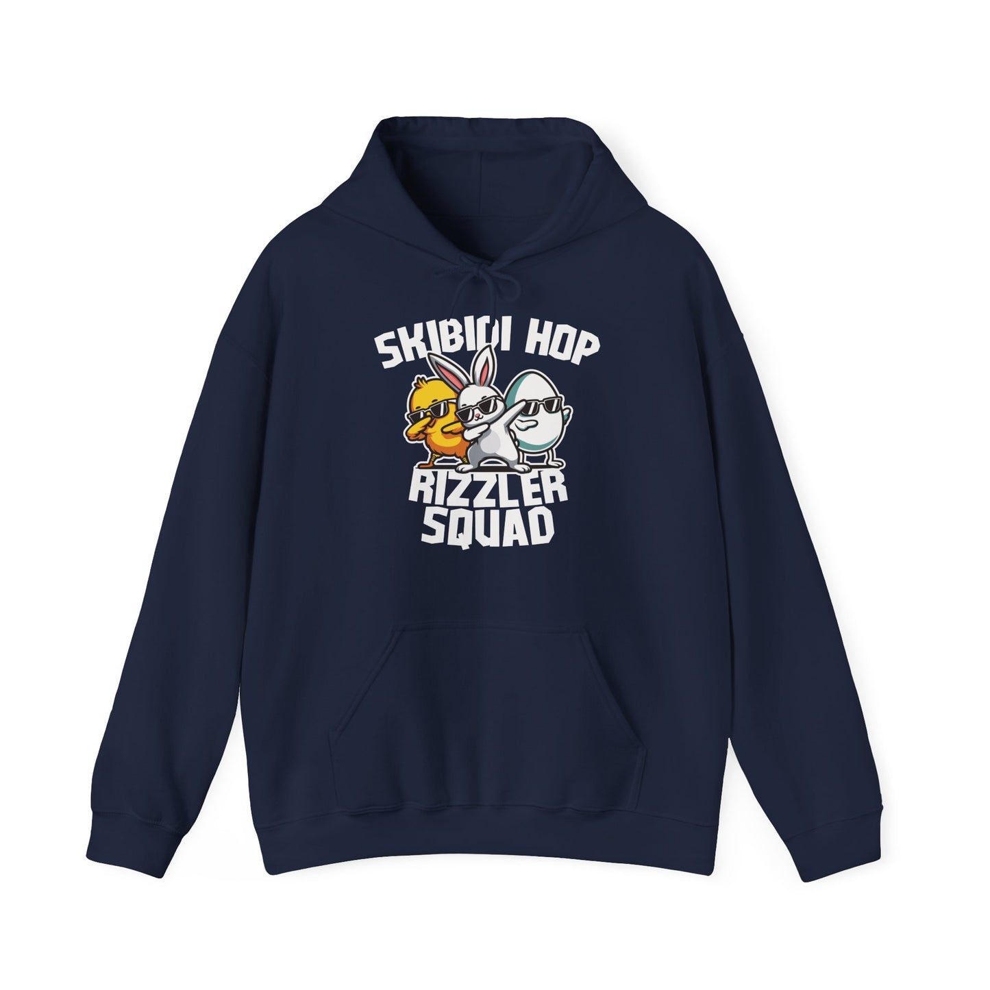 Front view of navy hoodie with Skibidi Hop Rizzler Squad Easter bunny graphic. Part of the Vivid Divergence Sensory Friendly Unisex Hoodies Range.
