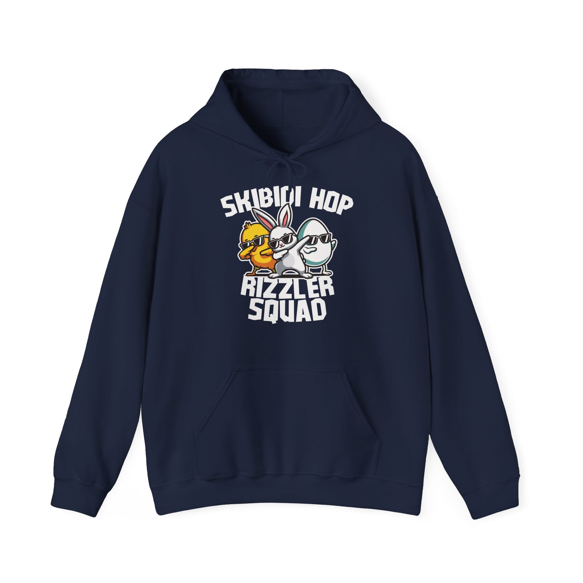 Front view of navy hoodie with Skibidi Hop Rizzler Squad Easter bunny graphic. Part of the Vivid Divergence Sensory Friendly Unisex Hoodies Range.
