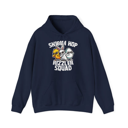 Front view of navy hoodie with Skibidi Hop Rizzler Squad Easter bunny graphic. Part of the Vivid Divergence Sensory Friendly Unisex Hoodies Range.
