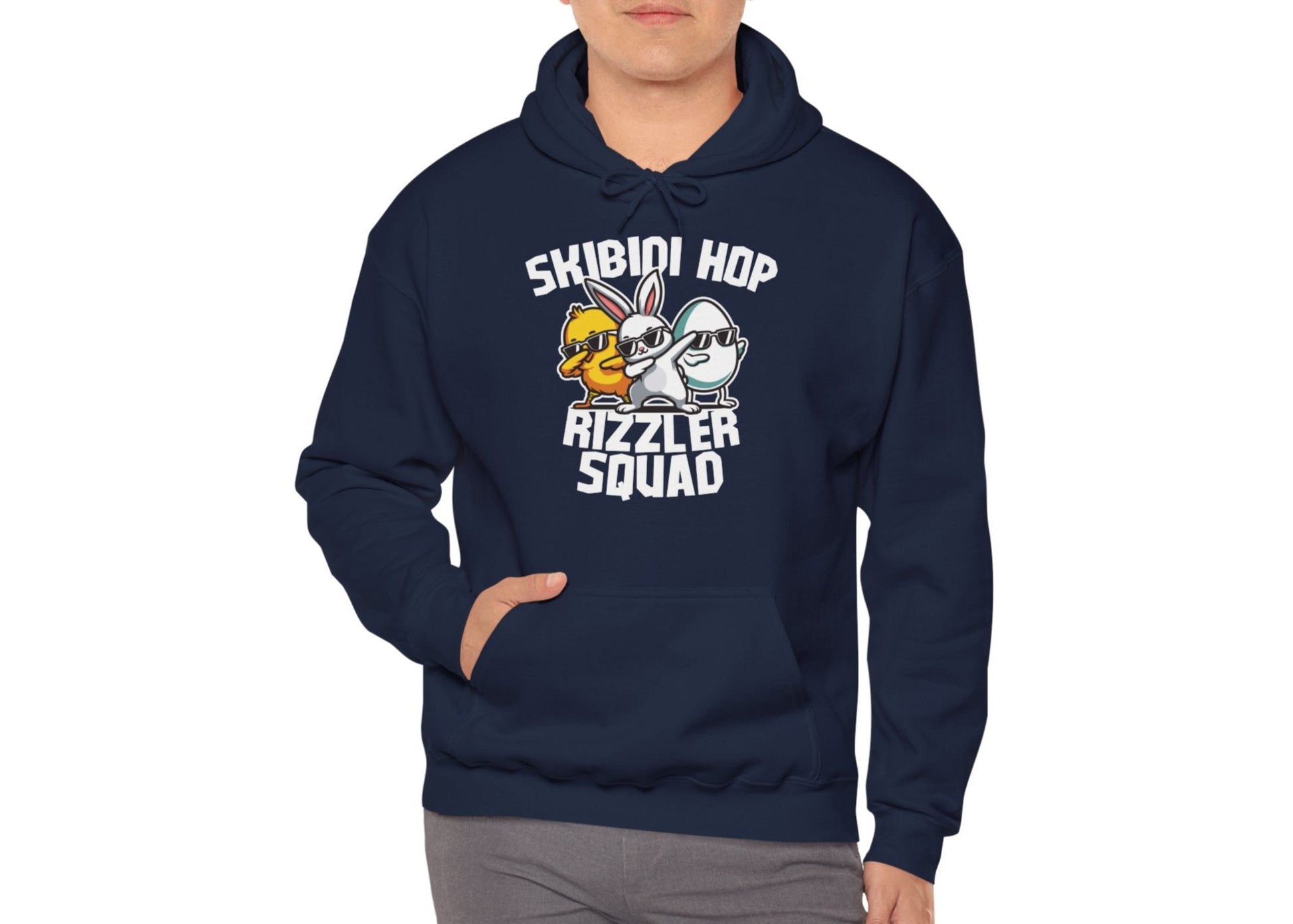 Man wearing navy hoodie with Skibidi Hop Rizzler Squad Easter bunny graphic. Part of the Vivid Divergence Sensory Friendly Unisex Hoodies Range.

