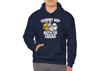 Man wearing navy hoodie with Skibidi Hop Rizzler Squad Easter bunny graphic. Part of the Vivid Divergence Sensory Friendly Unisex Hoodies Range.
