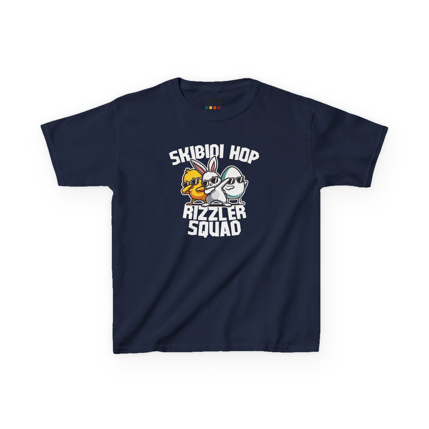 Navy blue kids' T-shirt showcasing "Skibidi Hop Rizzler Squad" text with a funny Easter meme design, great for young trendsetters. Hop into the season in style and shop Easter shirts online today!