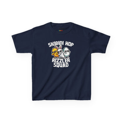 Navy blue kids' T-shirt showcasing "Skibidi Hop Rizzler Squad" text with a funny Easter meme design, great for young trendsetters. Hop into the season in style and shop Easter shirts online today!