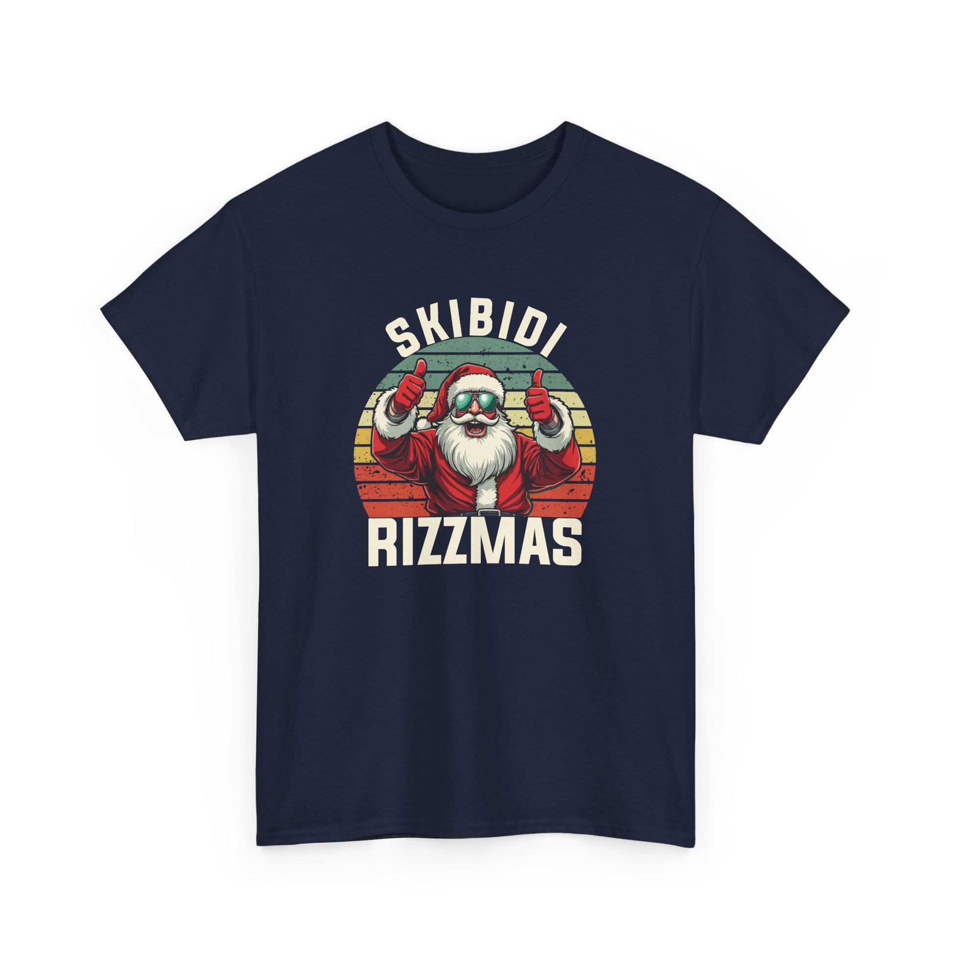 Front view of a navy blue T-shirt with a festive Skibidi Rizzmas holiday-themed design in vintage style. Part of the Vivid Divergence Sensory Friendly Unisex Tees Range.
