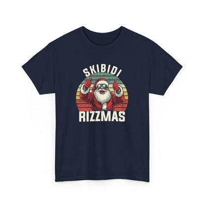Front view of a navy blue T-shirt with a festive Skibidi Rizzmas holiday-themed design in vintage style. Part of the Vivid Divergence Sensory Friendly Unisex Tees Range.