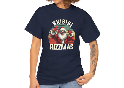 Model wearing a navy blue T-shirt with a festive Skibidi Rizzmas holiday-themed design in vintage style. Part of the Vivid Divergence Sensory Friendly Unisex Tees Range.