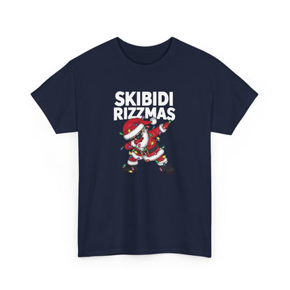 Navy blue T-shirt with a dabbing Santa and "Skibidi Rizzmas" text. Part of the Vivid Divergence Sensory Friendly Unisex Tees Range.