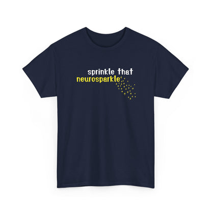 Front view of a navy T-shirt with "Sprinkle That Neurosparkle" in bold yellow and white text, featuring a sprinkle graphic. Part of the Vivid Divergence Sensory Friendly Unisex Tees Range.