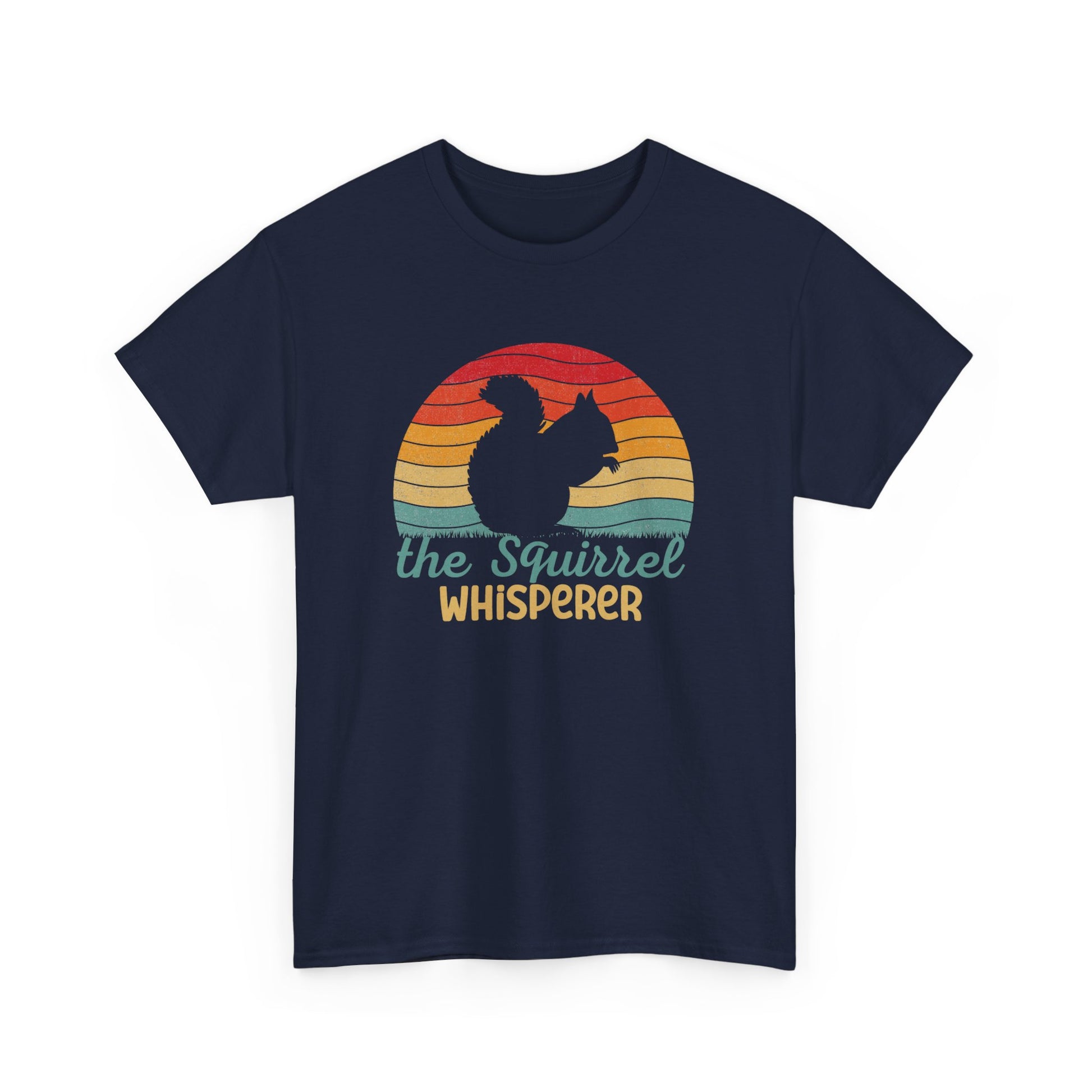 Front view of a navy T-shirt with "The Squirrel Whisperer" and a silhouette of a squirrel against a retro sunset design. Part of the Vivid Divergence Sensory Friendly Unisex Tees Range.