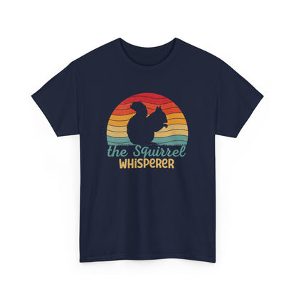 Front view of a navy T-shirt with "The Squirrel Whisperer" and a silhouette of a squirrel against a retro sunset design. Part of the Vivid Divergence Sensory Friendly Unisex Tees Range.