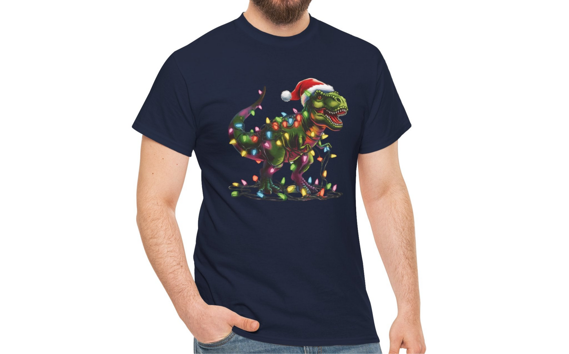 Model wearing a navy blue T-shirt featuring a festive T-Rex wrapped in Christmas lights with a Santa hat. Part of the Vivid Divergence Sensory Friendly Unisex Tees Range.
