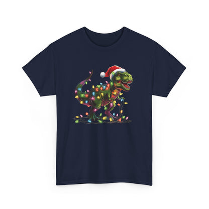 Navy blue T-shirt with a playful T-Rex tangled in Christmas lights, wearing a Santa hat. Part of the Vivid Divergence Sensory Friendly Unisex Tees Range.