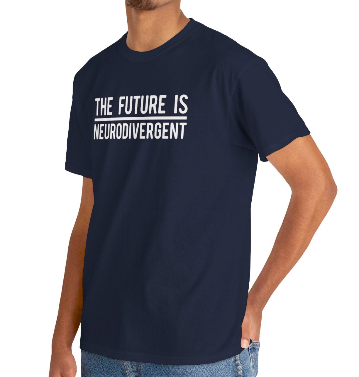 Model wearing a navy T-shirt with the text "The Future is Neurodivergent" in bold white letters. Part of the Vivid Divergence Sensory Friendly Unisex Tees Range.
