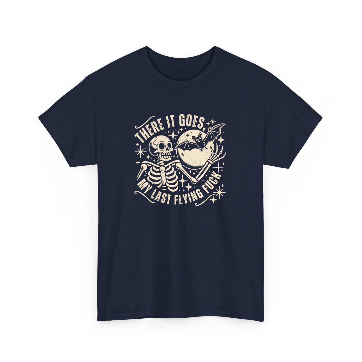 Front view of a navy T-shirt with the text "There It Goes, My Last Flying F*ck" and a graphic of a flying bird carrying a banner. Part of the Vivid Divergence Sensory Friendly Unisex Tees Range.
