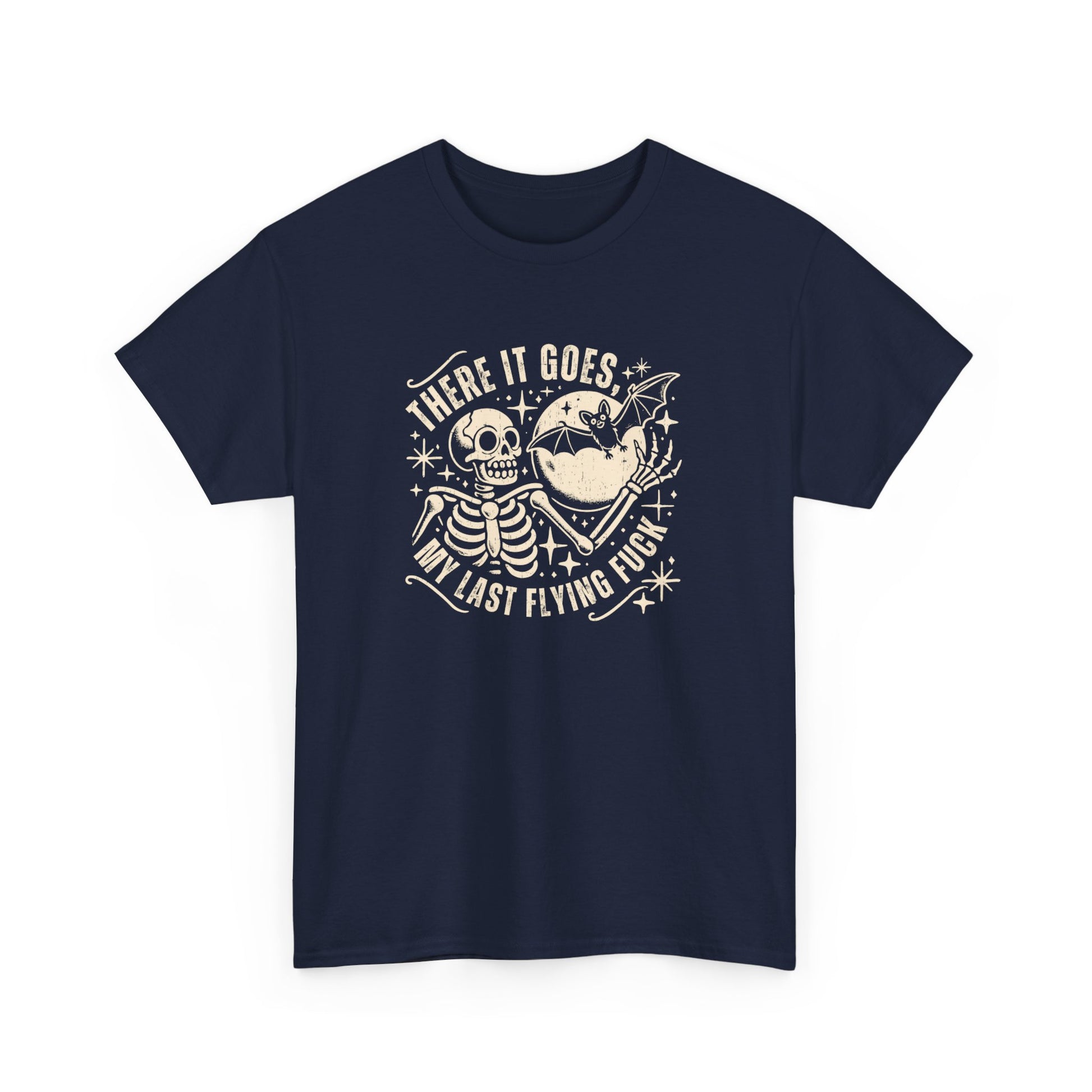 Front view of a navy T-shirt with the text "There It Goes, My Last Flying F*ck" and a graphic of a flying bird carrying a banner. Part of the Vivid Divergence Sensory Friendly Unisex Tees Range.