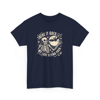 Front view of a navy T-shirt with the text "There It Goes, My Last Flying F*ck" and a graphic of a flying bird carrying a banner. Part of the Vivid Divergence Sensory Friendly Unisex Tees Range.