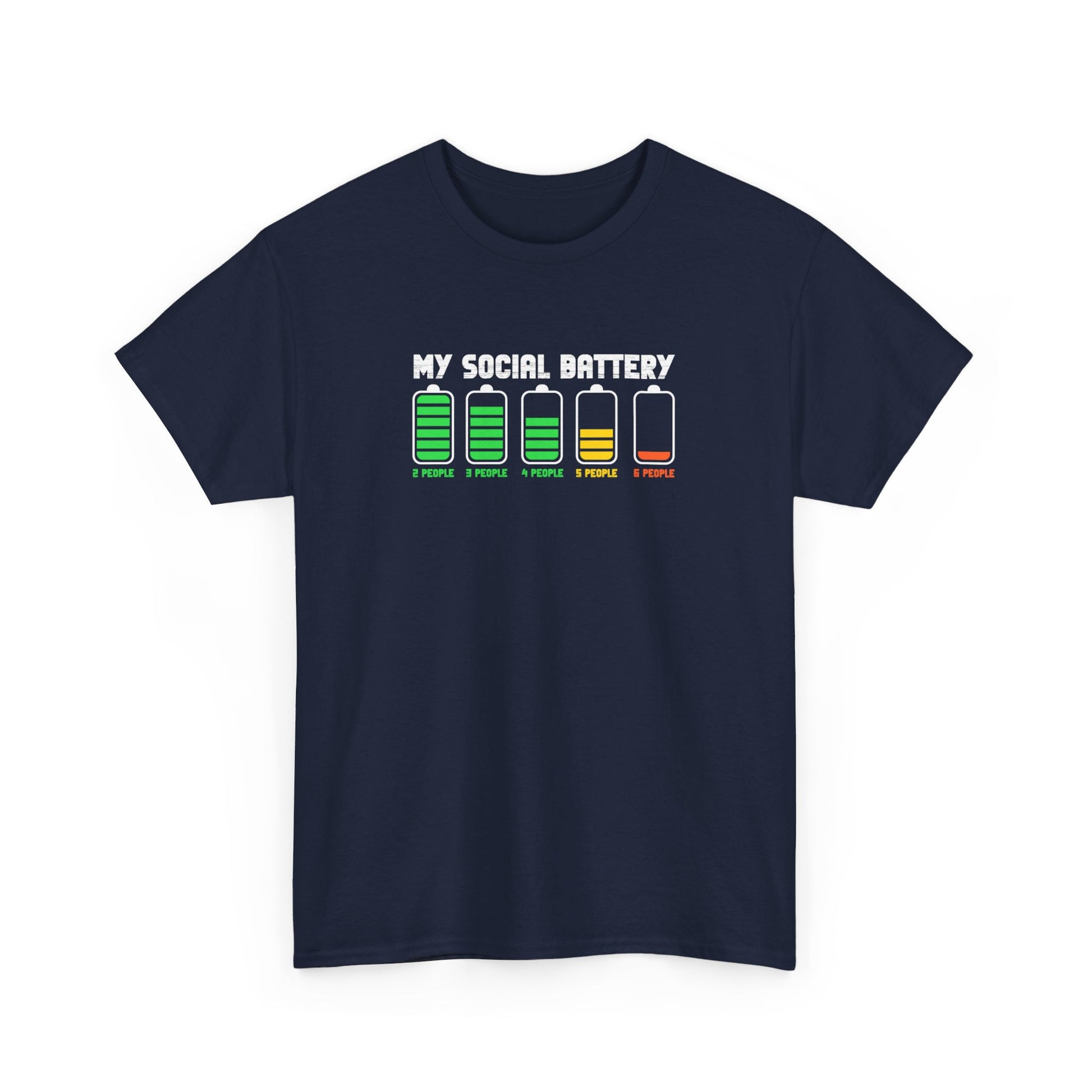 Front view of a navy blue T-shirt featuring a battery icon graphic displaying varying levels with the text "My Social Battery." Part of the Vivid Divergence Sensory Friendly Unisex Tees Range.