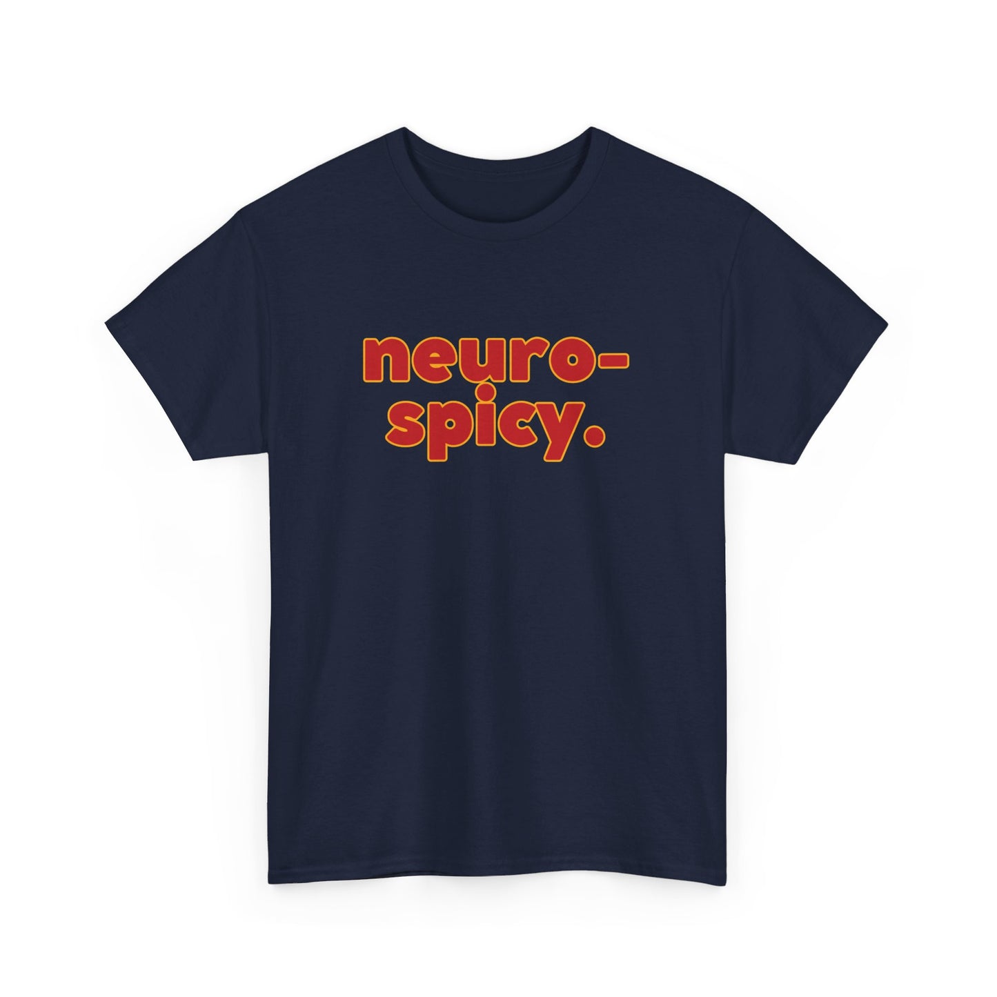 Front view of a navy blue T-shirt with the text "Neuro-Spicy" in retro-style lettering. Part of the Vivid Divergence Sensory Friendly Unisex Tees Range.