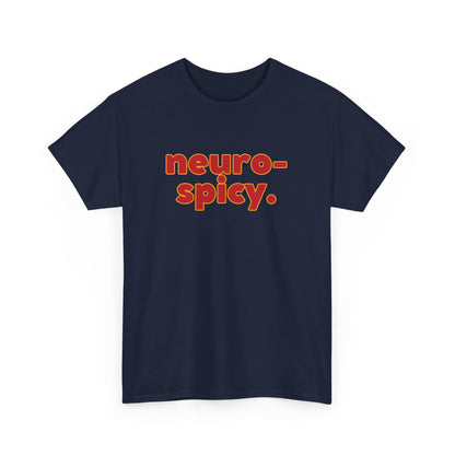 Front view of a navy blue T-shirt with the text "Neuro-Spicy" in retro-style lettering. Part of the Vivid Divergence Sensory Friendly Unisex Tees Range.