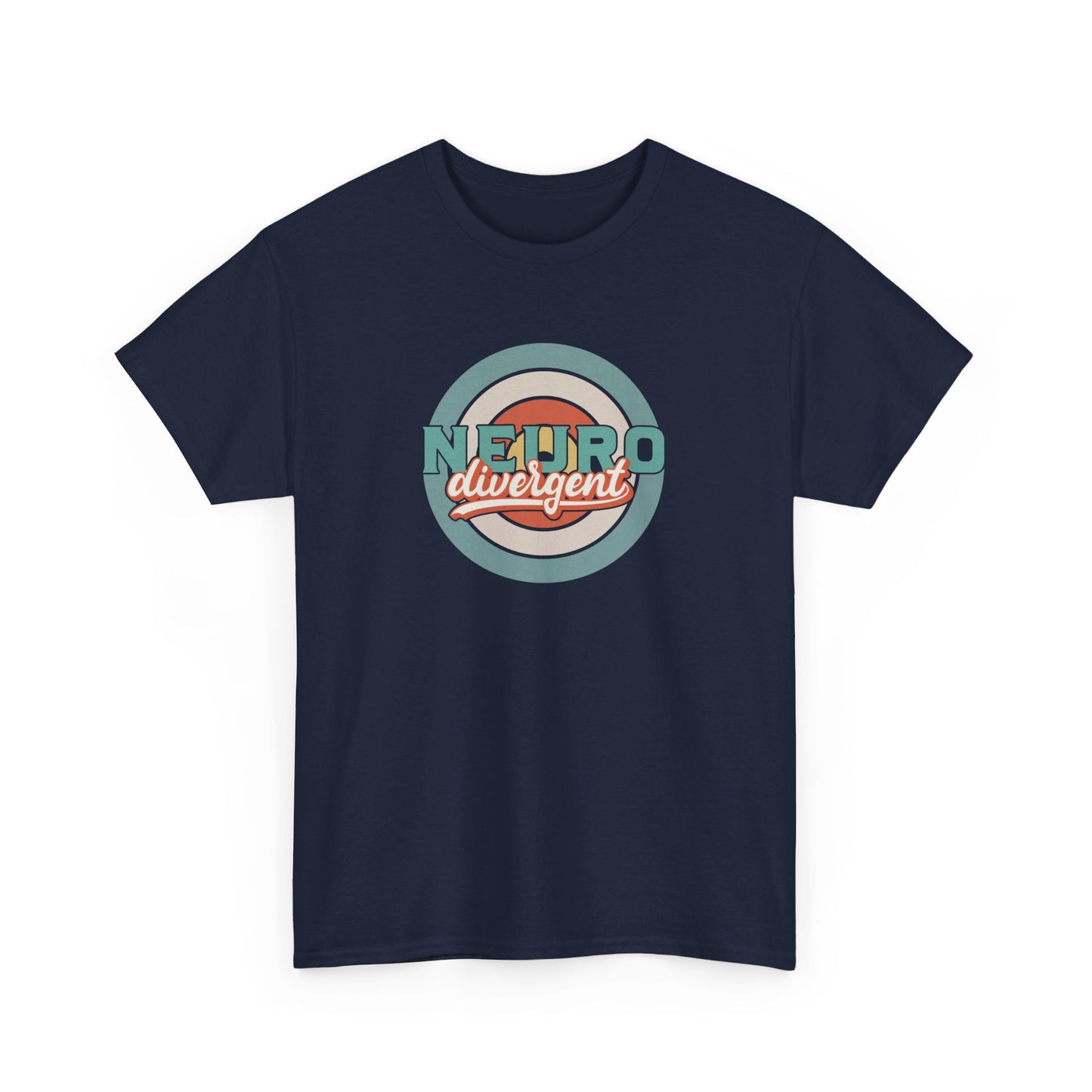 Front view of a navy blue T-shirt featuring a retro-style target graphic with the text "Neurodivergent" in bold lettering. Part of the Vivid Divergence Sensory Friendly Unisex Tees Range.