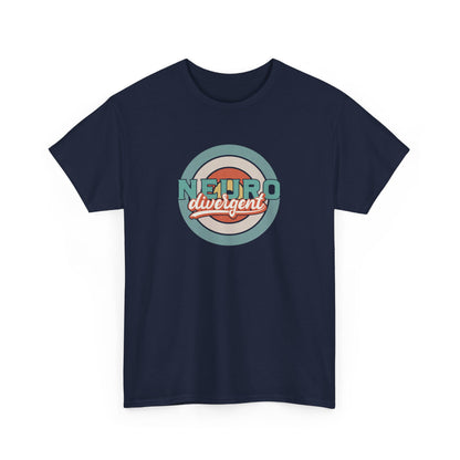 Front view of a navy blue T-shirt featuring a retro-style target graphic with the text "Neurodivergent" in bold lettering. Part of the Vivid Divergence Sensory Friendly Unisex Tees Range.