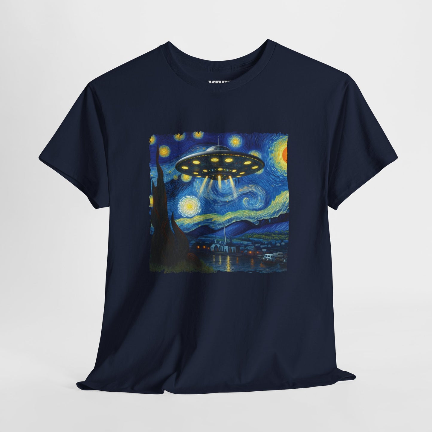 Navy blue UFO Van Gogh parody T-shirt hanging on display, showing full design of starry sky with spaceship at the center. Iconic chaos, now wearable. Part of the Vivid Divergence Memewear Collection!
