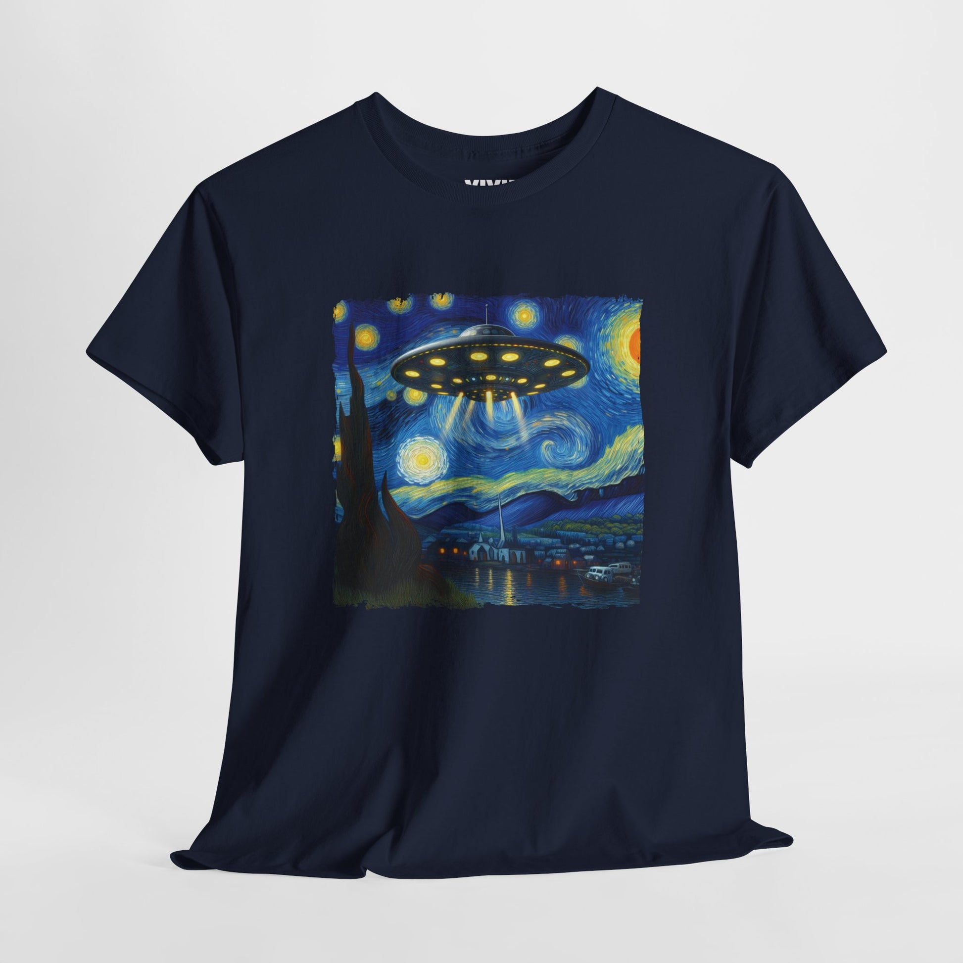 Navy blue UFO Van Gogh parody T-shirt hanging on display, showing full design of starry sky with spaceship at the center. Iconic chaos, now wearable. Part of the Vivid Divergence Memewear Collection!
