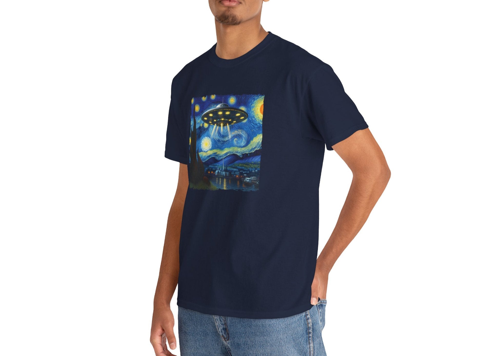 Man modeling the UFO Van Gogh parody shirt, smiling while wearing surreal art-meets-aliens graphic. She’s stylish and skeptical. Part of the Vivid Divergence Memewear Collection!
