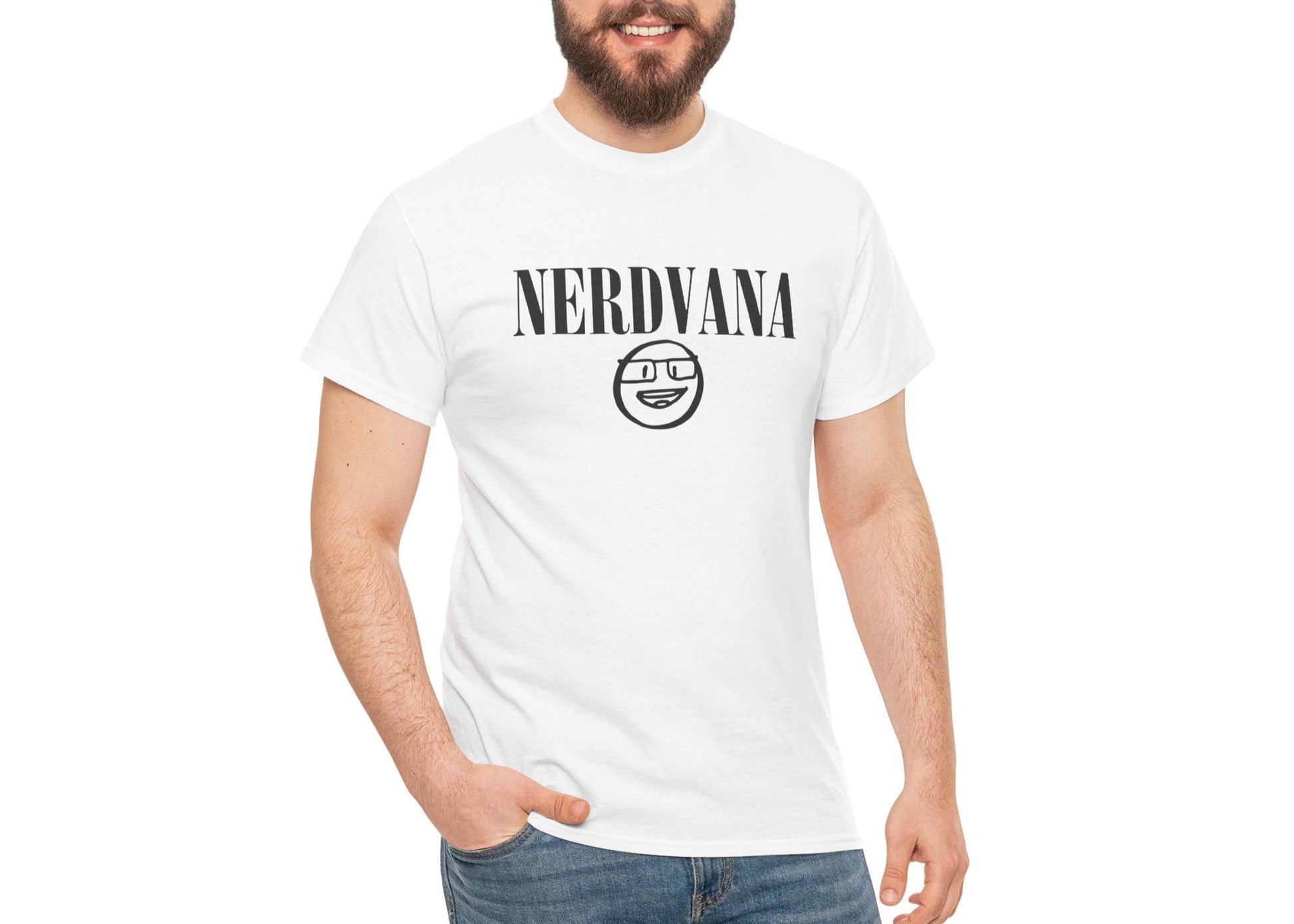 Modeled view of white T-shirt with bold black text reading “NERDVANA” above a circular parody logo combining geek symbols and grunge vibes. For fans of riffs and references. Part of the Vivid Divergence Memewear Collection!
