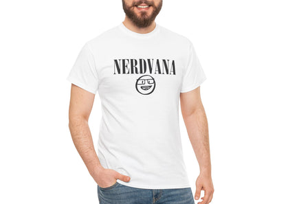 Modeled view of white T-shirt with bold black text reading “NERDVANA” above a circular parody logo combining geek symbols and grunge vibes. For fans of riffs and references. Part of the Vivid Divergence Memewear Collection!
