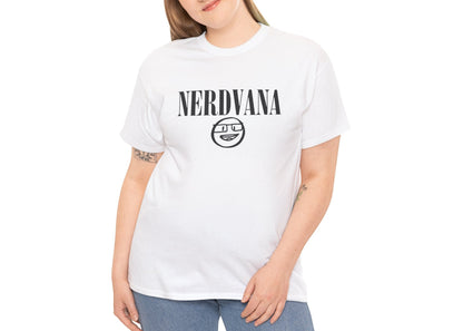 Modeled view of white T-shirt with bold black text reading “NERDVANA” above a circular parody logo combining geek symbols and grunge vibes. For fans of riffs and references. Part of the Vivid Divergence Memewear Collection!
