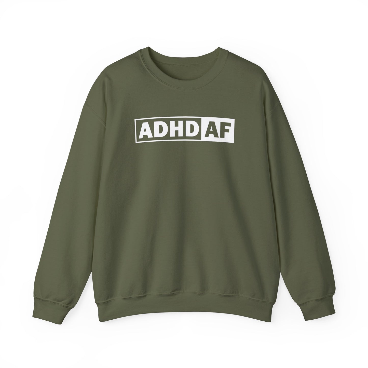 Flat-lay of an olive green sweater jumper with "ADHD AF" text in bold white lettering. Part of the Vivid Divergence Sensory Friendly Unisex Sweater Jumper Range.