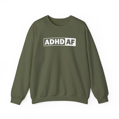 Flat-lay of an olive green sweater jumper with "ADHD AF" text in bold white lettering. Part of the Vivid Divergence Sensory Friendly Unisex Sweater Jumper Range.