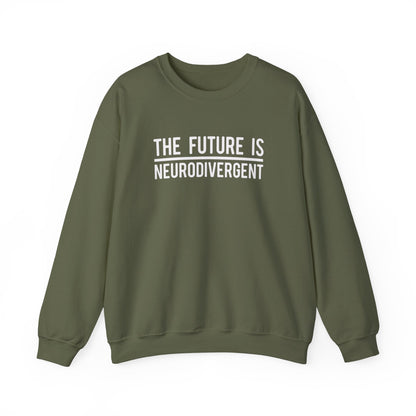 Front view of an olive green sweater jumper with the text "The Future is Neurodivergent" in bold white lettering. Part of the Vivid Divergence Sensory Friendly Unisex Sweater Jumper Range.