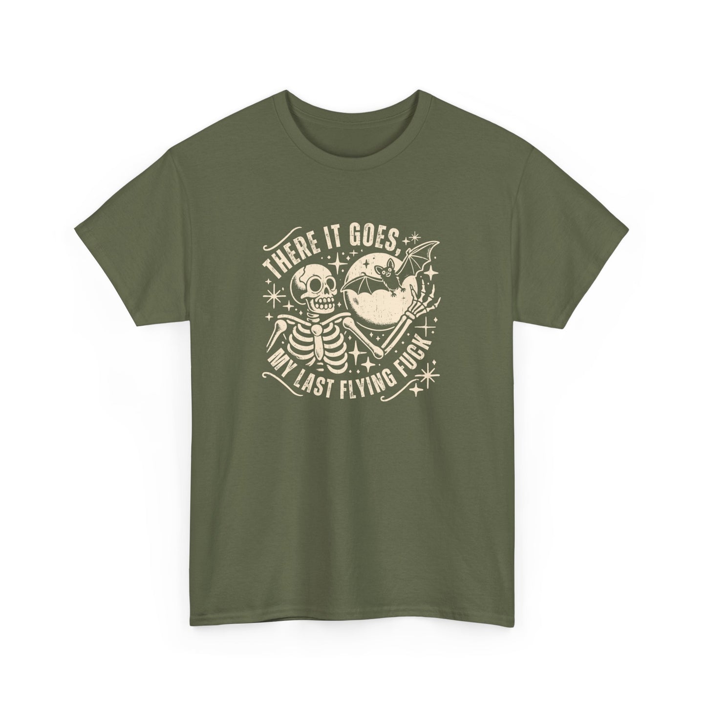 Front view of an olive green T-shirt with the text "There It Goes, My Last Flying F*ck" and a graphic of a flying bird carrying a banner. Part of the Vivid Divergence Sensory Friendly Unisex Tees Range.