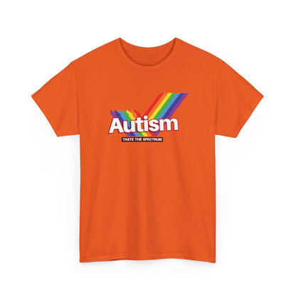 Front view of an orange T-shirt with the phrase "Autism" in a Skittles-inspired design featuring a rainbow graphic. Part of the Vivid Divergence Sensory Friendly Unisex Tees Range.