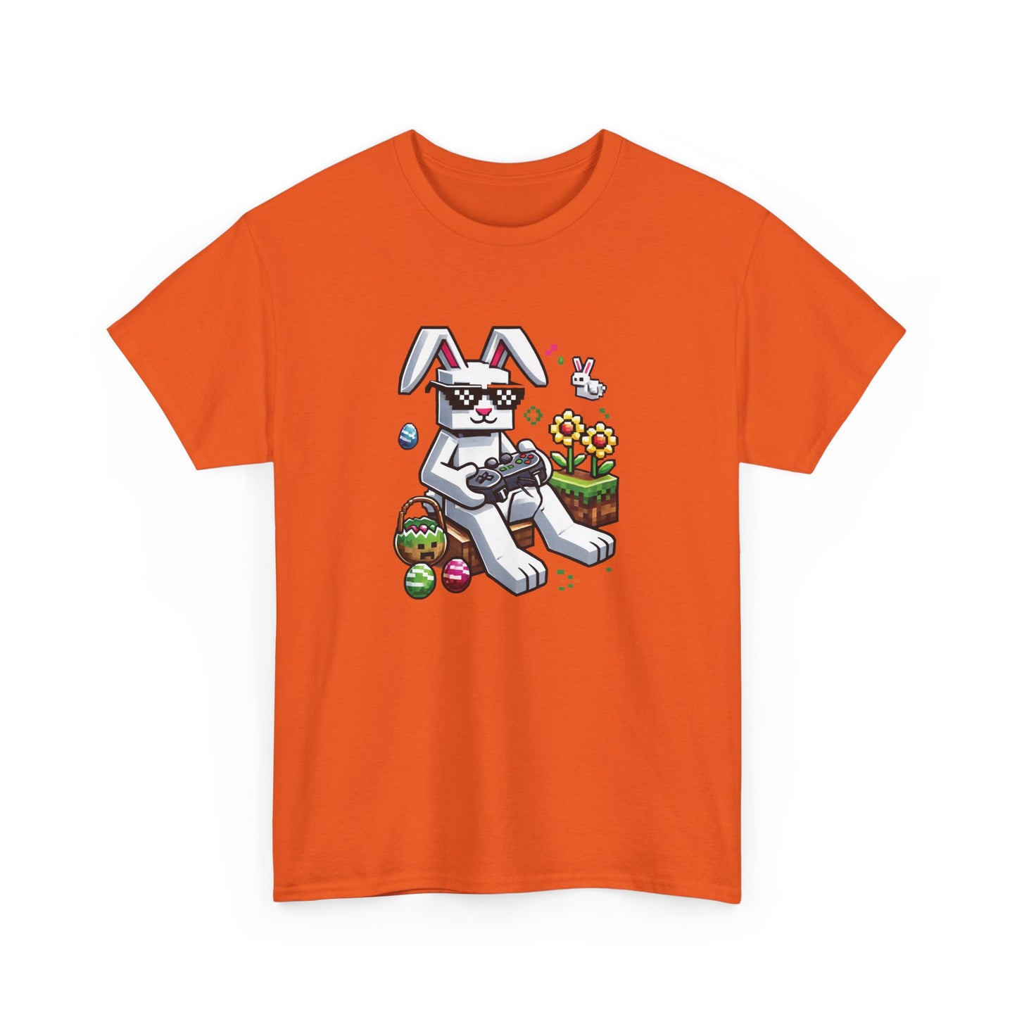 Orange Easter T-shirt showcasing a blocky Easter bunny with gaming-inspired eggs, a fun and festive holiday design. Hop into the season in style and shop Easter shirts online today!