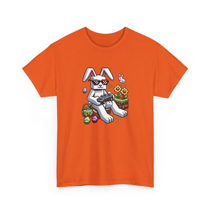 Orange Easter T-shirt showcasing a blocky Easter bunny with gaming-inspired eggs, a fun and festive holiday design. Hop into the season in style and shop Easter shirts online today!