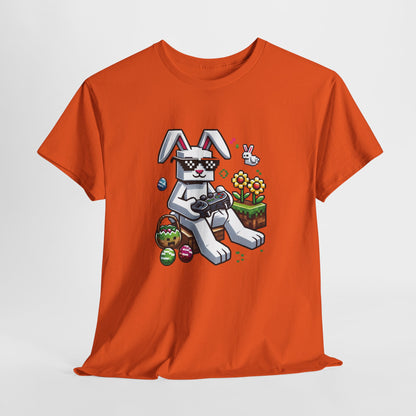 Orange T-shirt hanging, showcasing a pixel-style Easter bunny with gaming-inspired eggs, ideal for Minecraft fans. Hop into the season in style and shop Easter shirts online today!