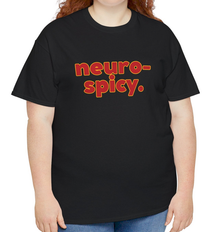 A person wearing a black T-shirt with the text "Neuro-Spicy" in retro-style lettering. Part of the Vivid Divergence Sensory Friendly Unisex Tees Range.